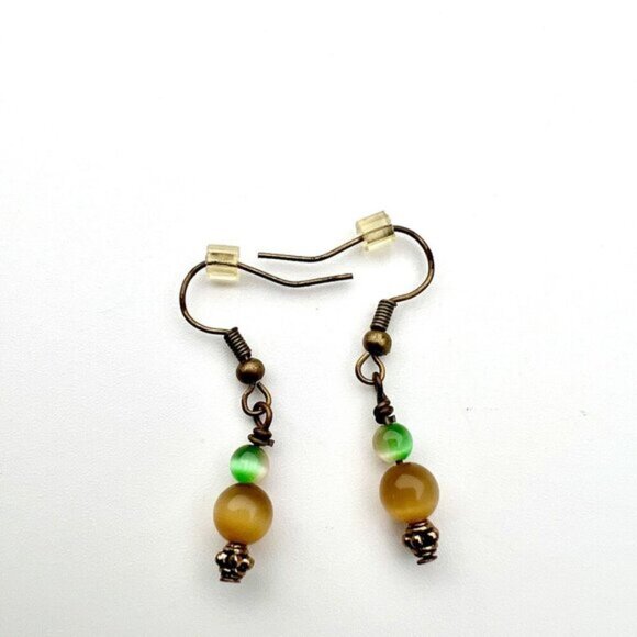 Handmade Beaded Drop Earrings Green & Amber Glass Beads Antiqued Bronze Hooks - Picture 5 of 8